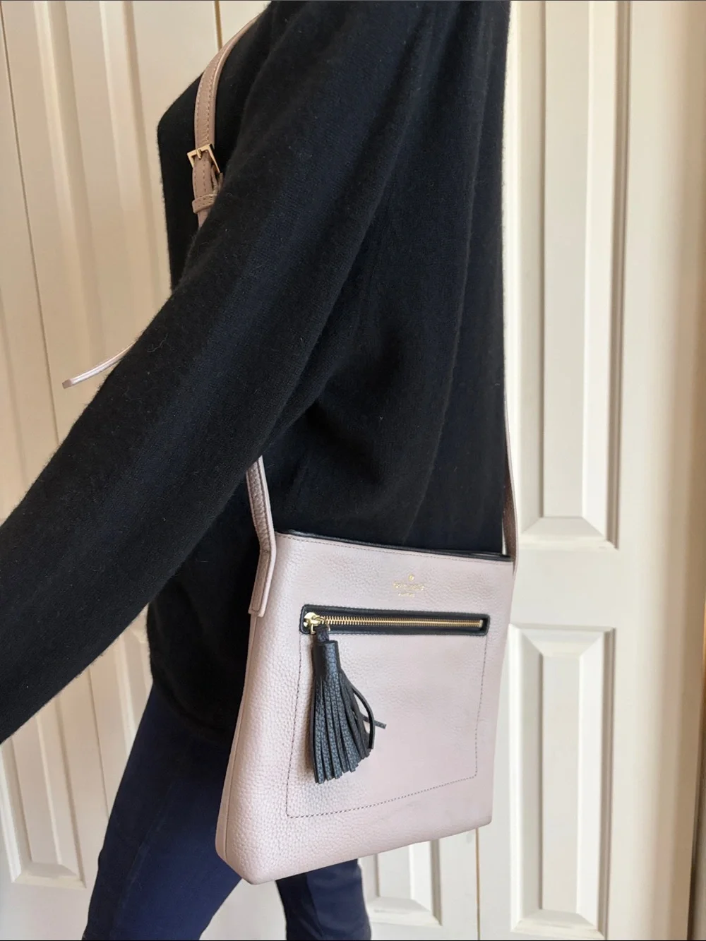kate spade Pebble Leather Taupe Crossbody with Black Tassel Wristlet